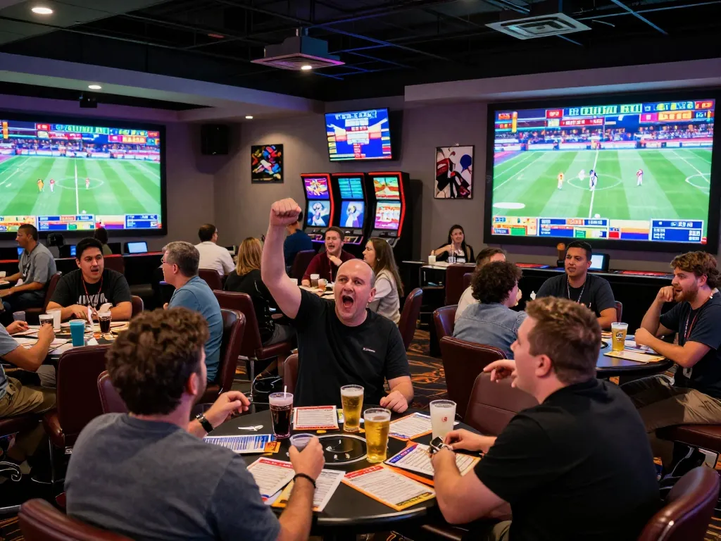 Fly88 sports bettors analyzing live games and placing bets in an electric atmosphere