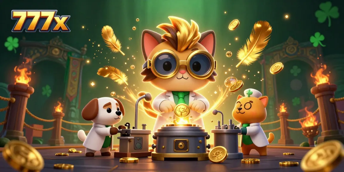 Experience the thrilling entertainment at 777x with a mad scientist cat and golden coins bursting from a machine.