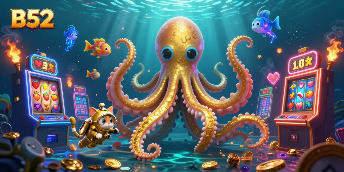 Engage in B52 gaming thrills featuring a kraken and diving cat amidst slot machine excitement.