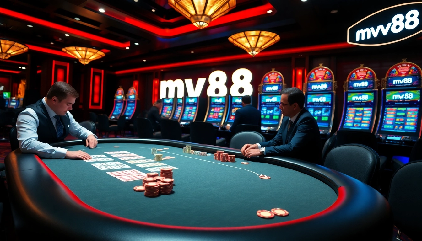 Engaging scene of professional poker with mv88-themed casino elements, showcasing thrilling gameplay in action.