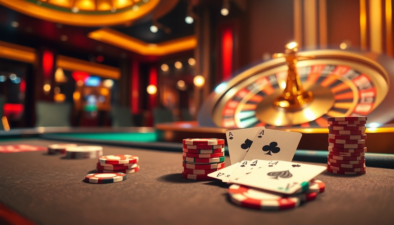 Experience the thrill of poker at a lavish casino table featured on https://xx88.lol/ adorned with chips and cards.