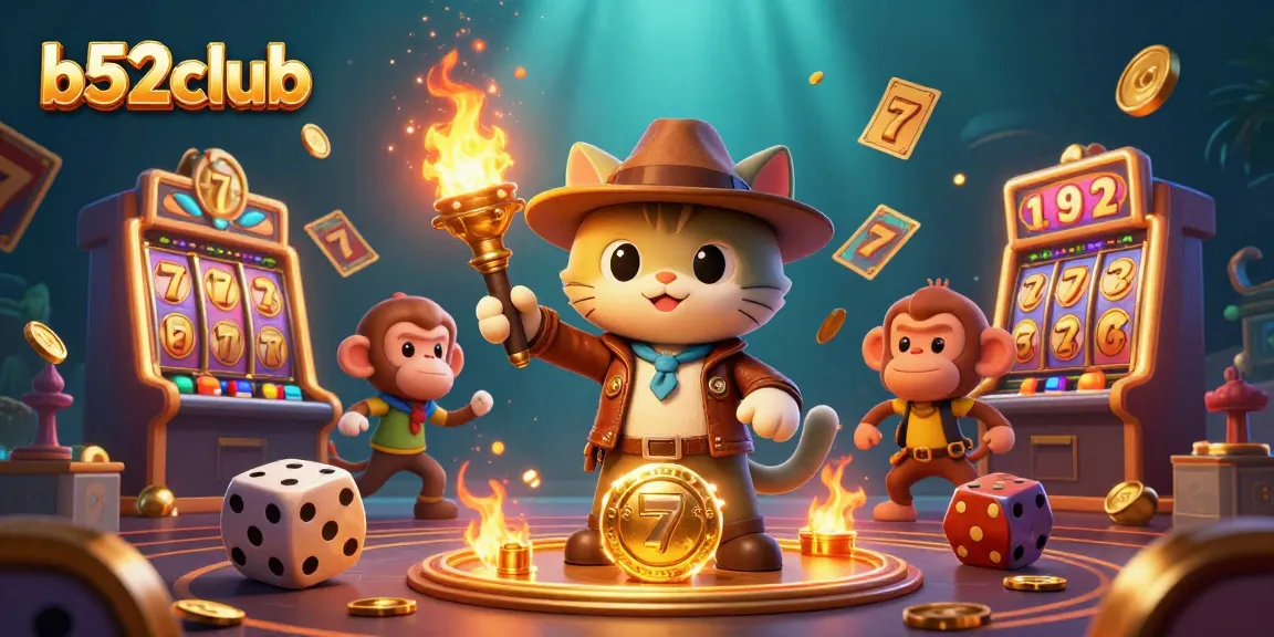B52Club showcases a cartoon explorer cat discovering a golden casino artifact amidst vibrant slot machines and gold coins.