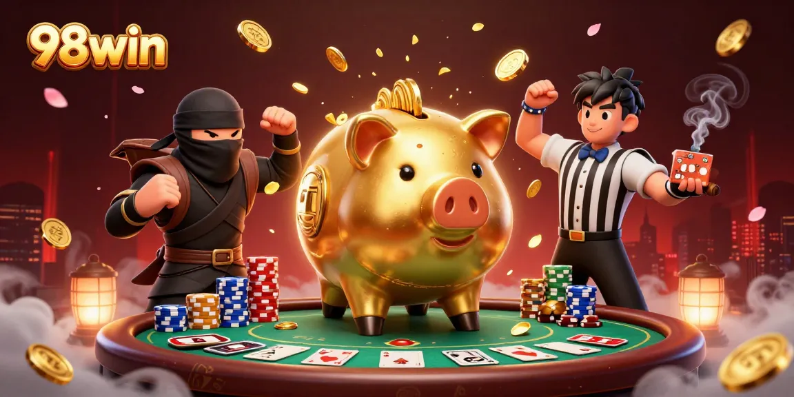 98win casino scene featuring dynamic characters and vibrant poker elements showcasing the fun of gambling