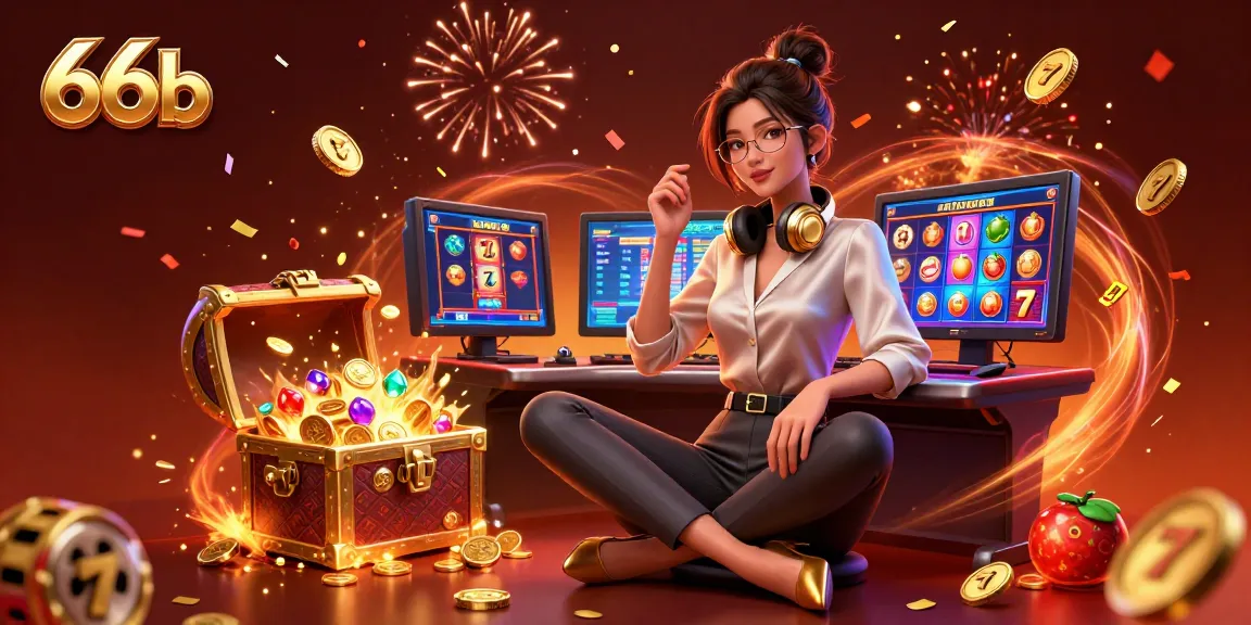66b showcases an Asian woman at a gaming setup surrounded by slot game elements and vibrant decorations.