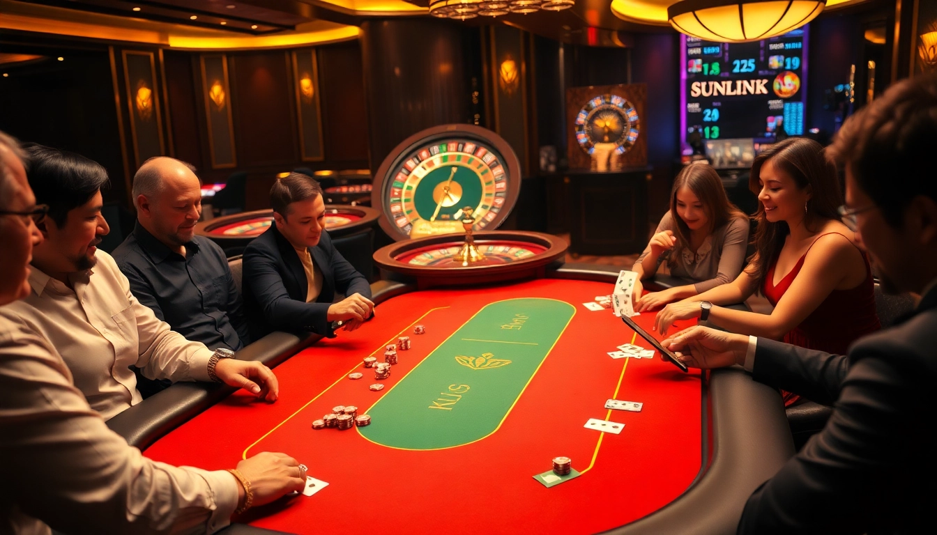 Experience thrilling gameplay at Sunwin casino with vibrant poker tables and excited players.
