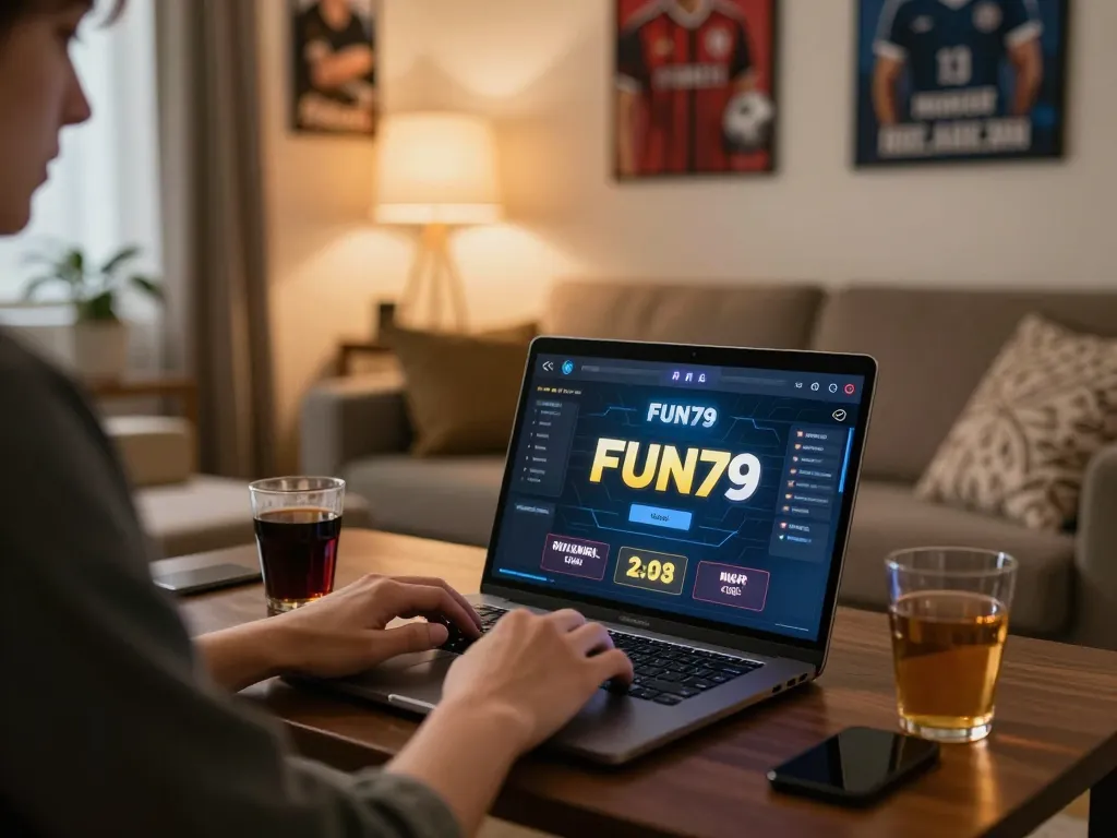 Logging into FUN79 for an exciting online gambling experience with a cozy setup.