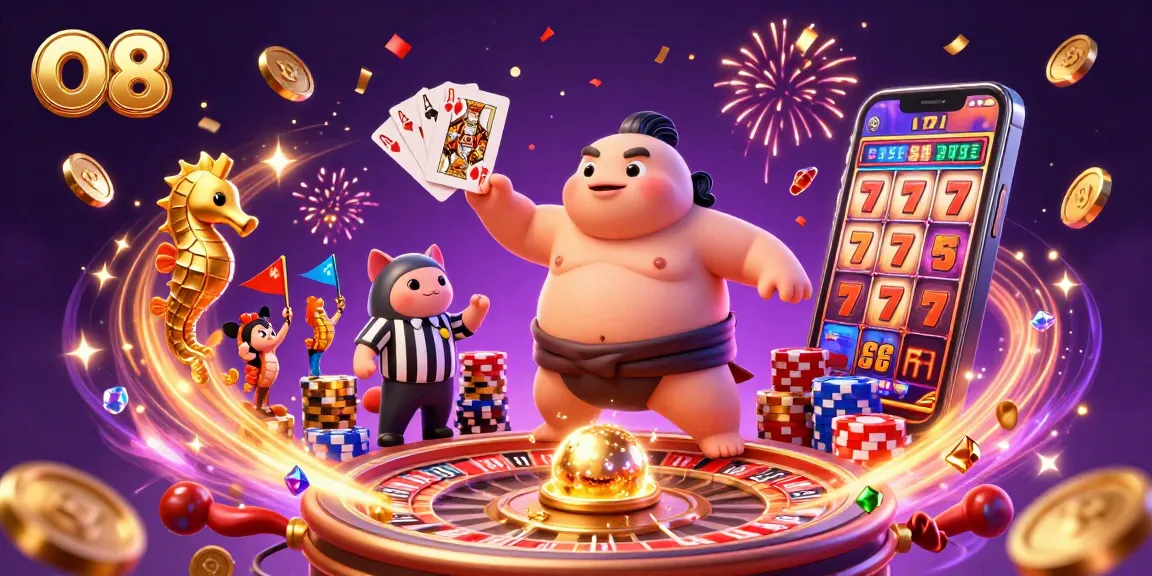 O8 fugu champion in a lively underwater casino, showcasing slot themes and festive elements.