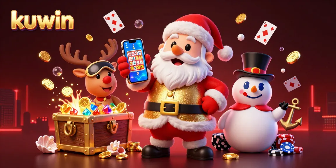 Kuwin offers amazing jackpot slots in a game-rich casino illustration featuring Santa and friends.