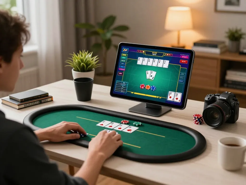 Engaging in online poker session at home using tablet, accessing https://mm88.se.net/ for gaming experience