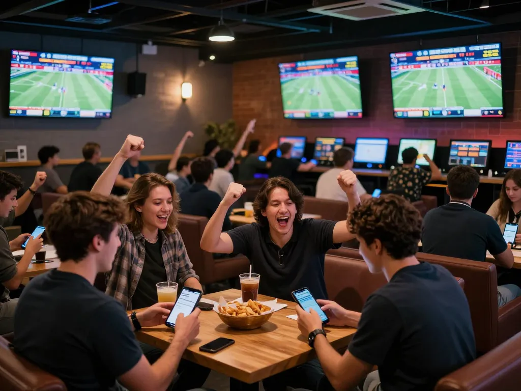 Fans actively placing bets on nhandinhkeonhacai during a thrilling sports match, capturing the excitement in a vibrant lounge.