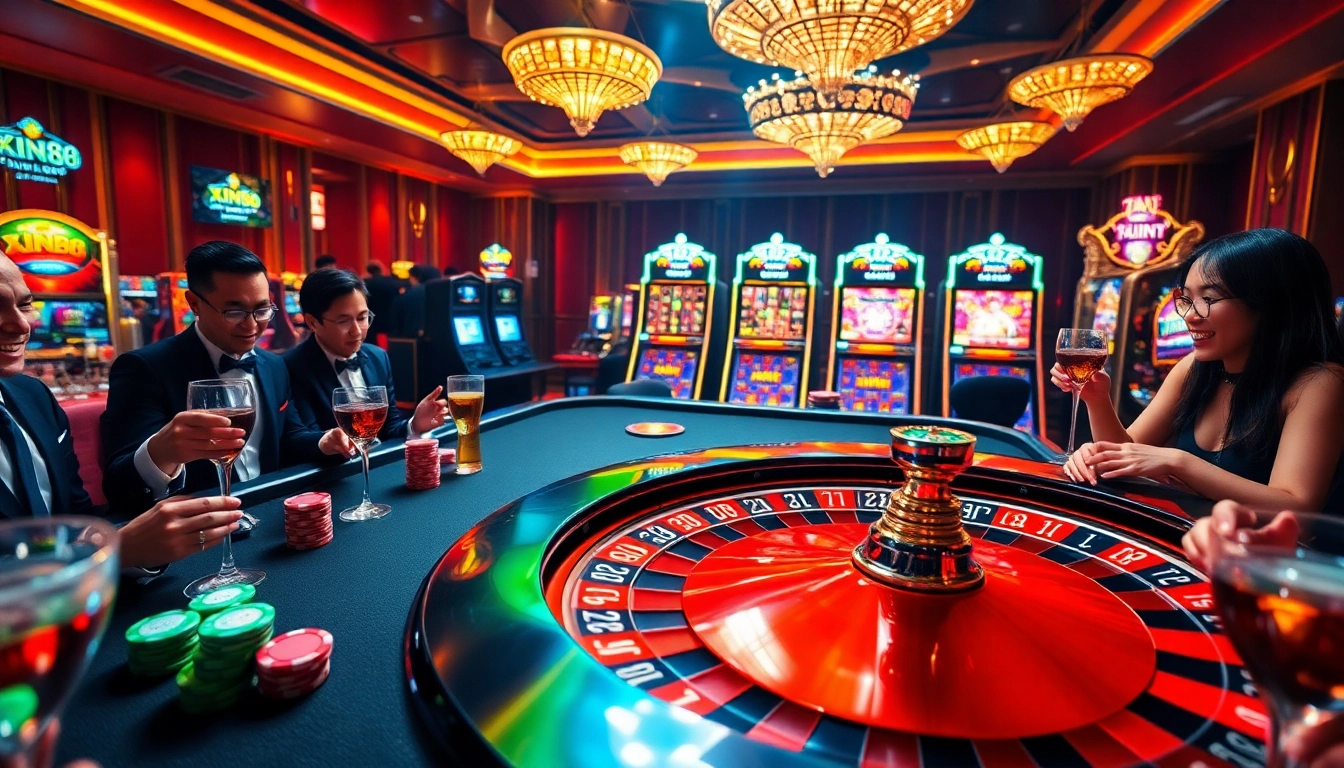 Xin88 casino scene with roulette table, poker chips, and vibrant slot machines.