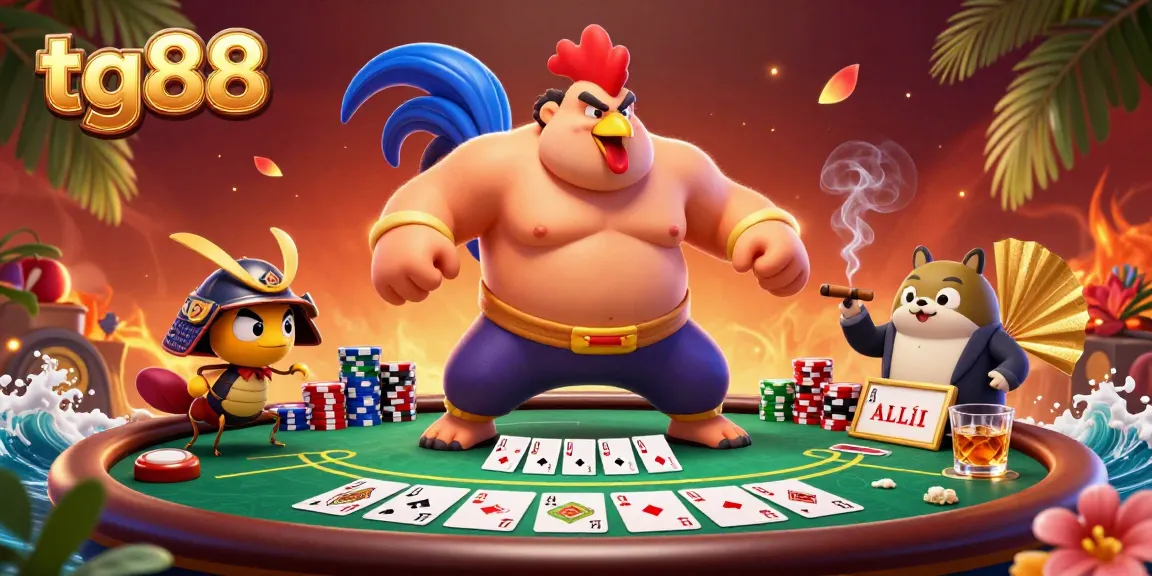 Experience the excitement of tg88 at a vibrant poker scene featuring a sumo wrestler rooster, samurai cricket, and tanuki announcer.