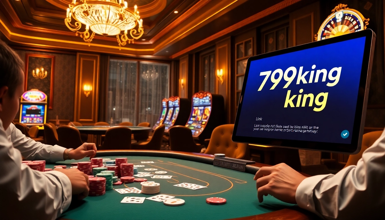 Experience the thrill of high-stakes games at a casino with link 79king on a sleek device and vibrant poker table.