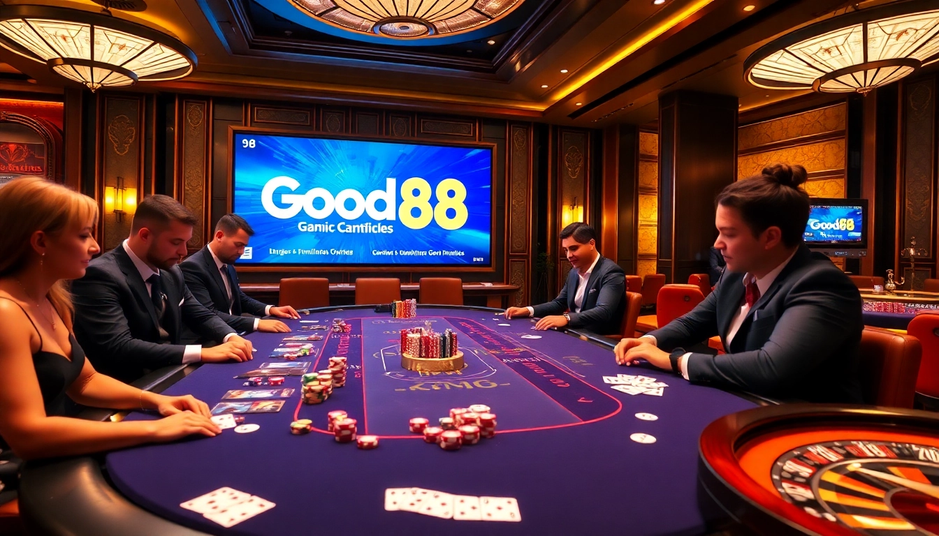 Players enjoying high-stakes games at Good88 casino, showcasing excitement and luxury.