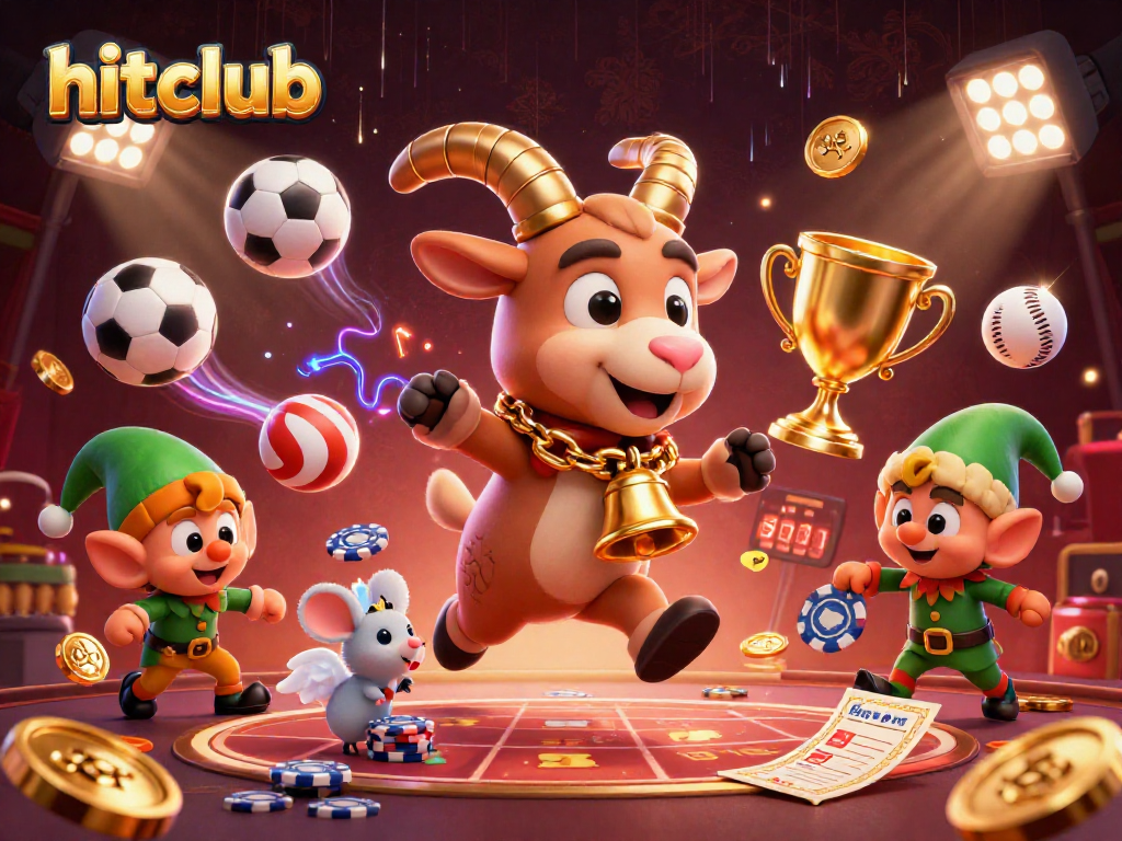 Engage in thrilling gaming action at hitclub with festive characters in a dramatic casino scene.