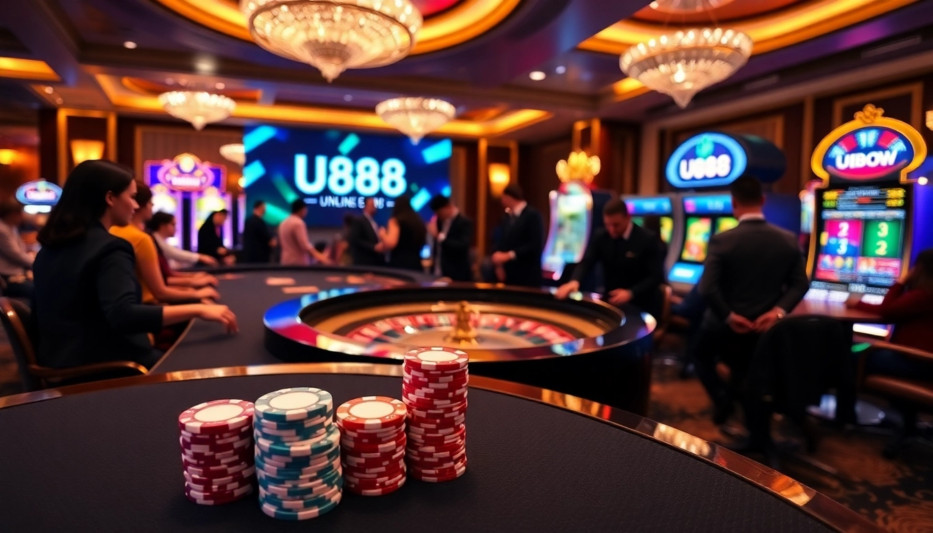 Players engaging at the U888 casino with poker chips and roulette wheel, emphasizing excitement.