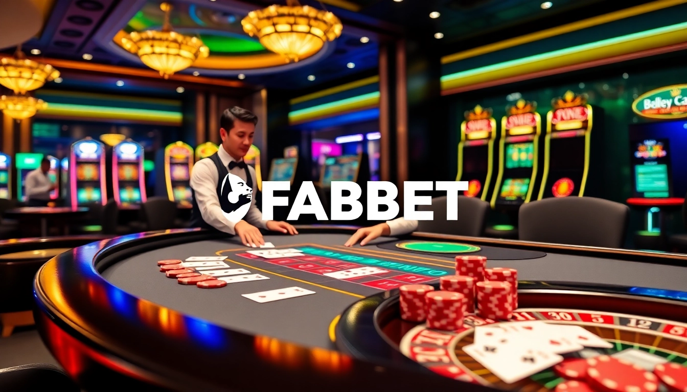 Experience FABET's thrilling casino games with a dynamic dealer and vivid betting elements.