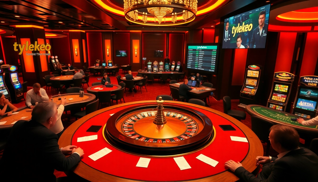 Excited gamblers engaging with live betting options at a luxurious casino featuring tylekeo.