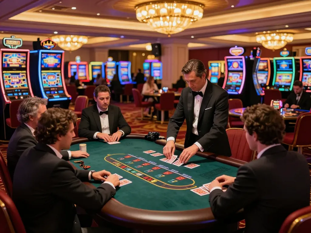 Players engaged at Sunwin blackjack table in a vibrant Vegas casino, showcasing strategic gameplay and luxury atmosphere.