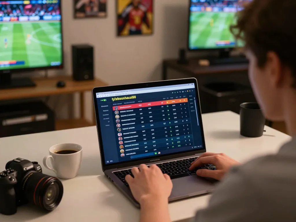 Engaging scene of a user analyzing sports odds on tylekeonhacai88 website in a cozy home setup