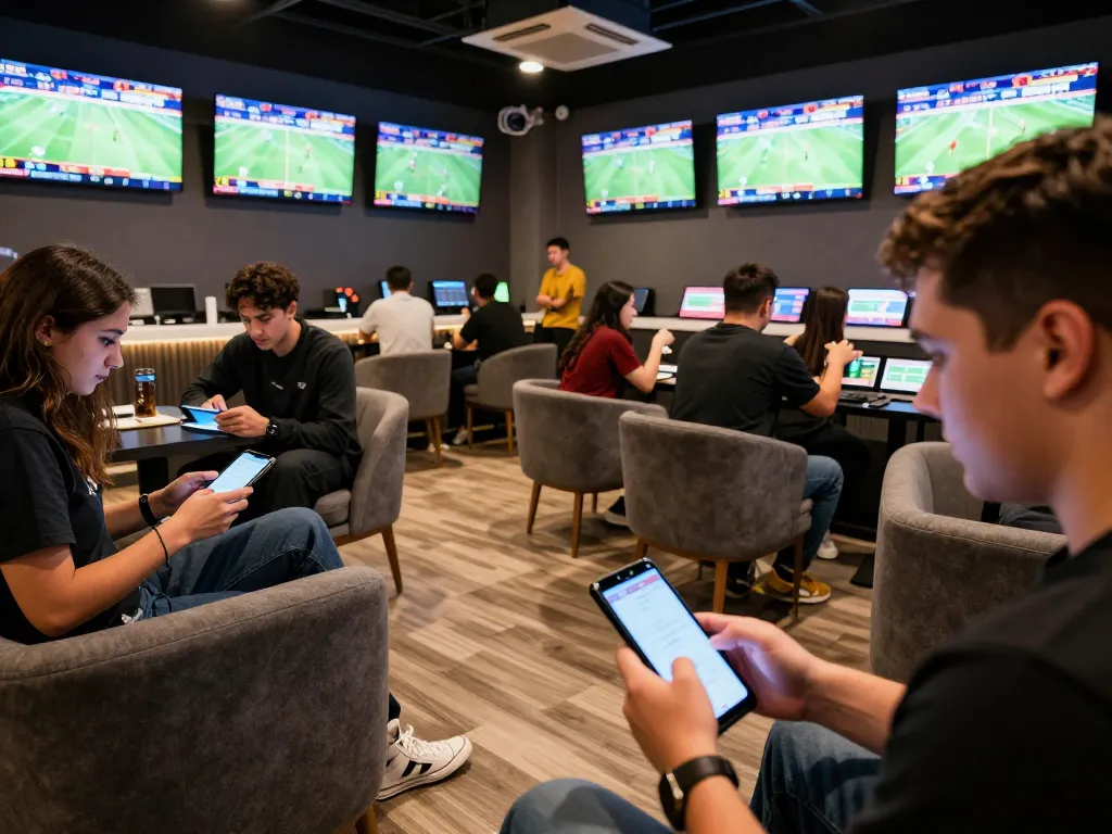 Bsport bettors analyzing odds and placing wagers in a modern sports betting lounge