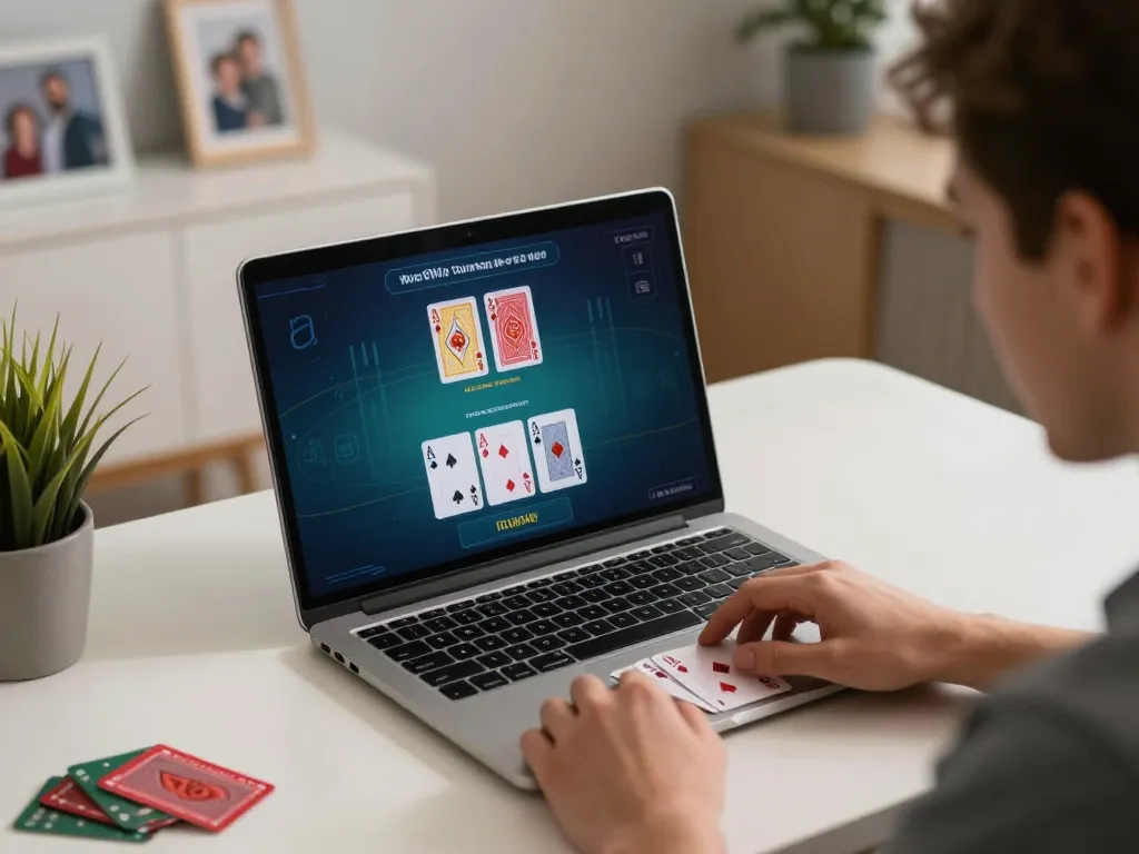 Taisunwin player placing a strategic bet during online blackjack at home.