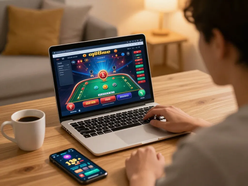 Player engaging with qq88ae casino app on a laptop while enjoying a cozy gaming experience at home.