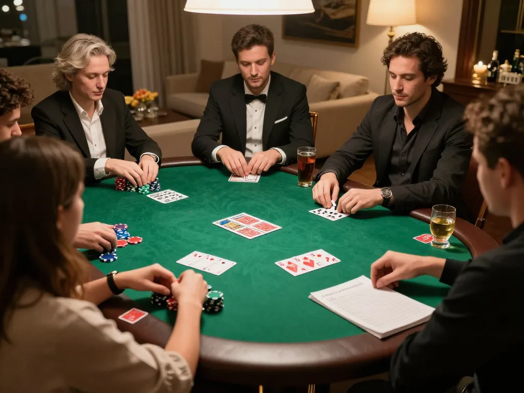 A spirited poker game setup featuring 28BETCOM, with players in a cozy environment, discussing strategies and enjoying the moments.