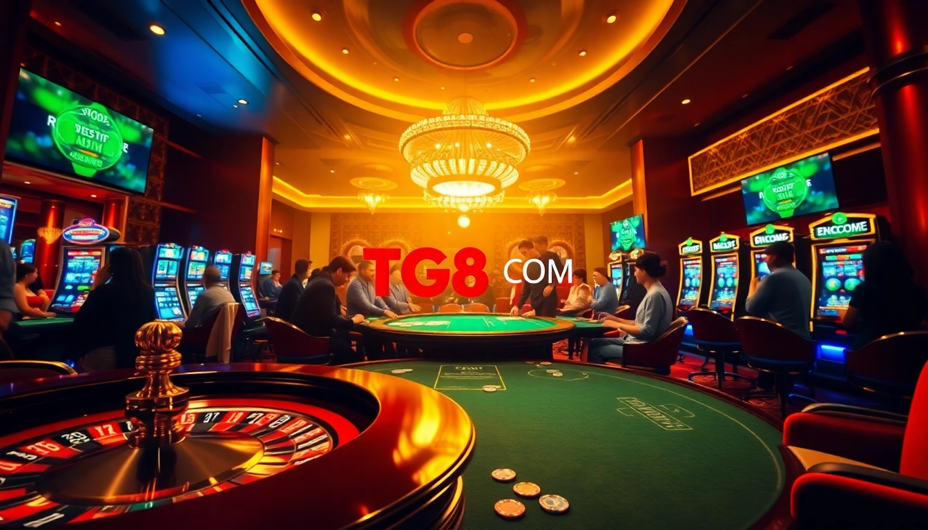 Engaging casino scene featuring TG88 COM logo with vibrant poker chips and roulette.