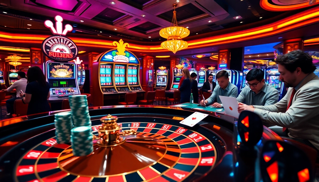 Engaging casino scene showcasing https://8kbet8.asia/ with lively games, poker chips, and roulette wheel.