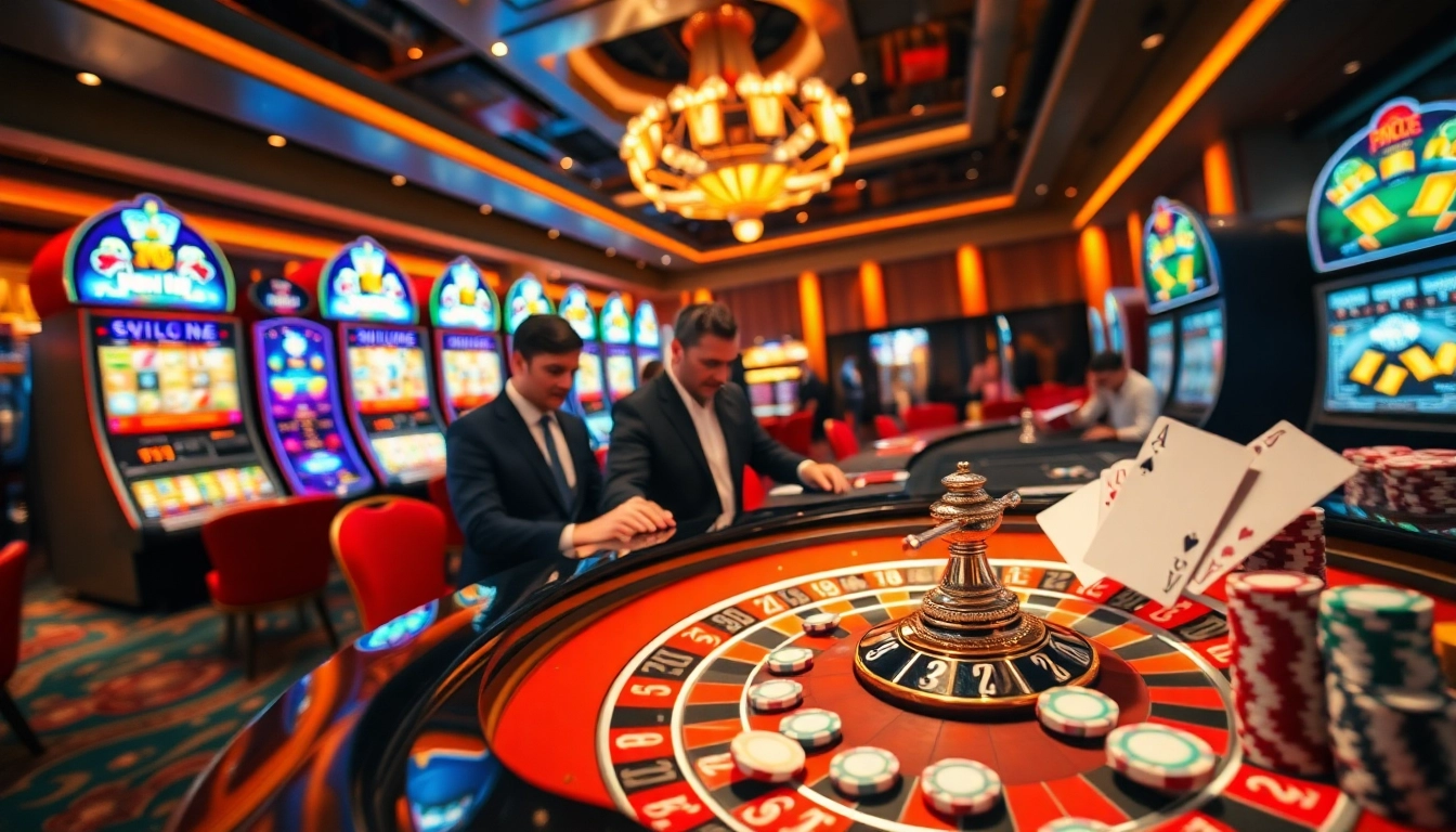 KQBD gambling scene showcasing roulette, slot machines, and intense players at a casino table.