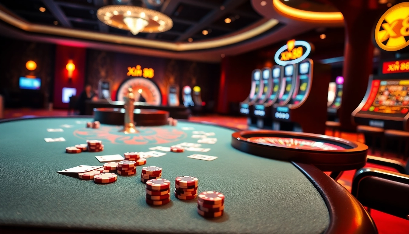 Exciting casino scene with poker chips and cards showcasing Xin 88's luxury gaming experience.