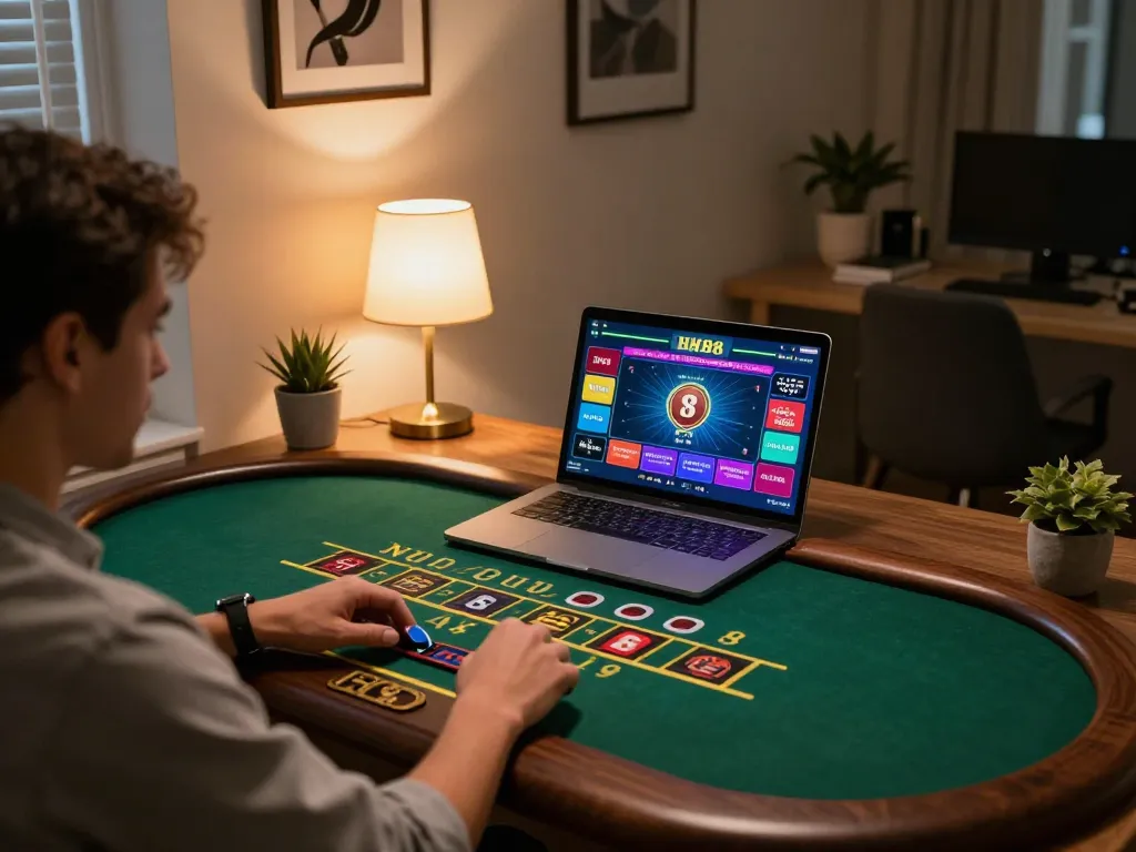 Player engaging in live dealer blackjack online with HM88, showcasing modern gaming setup and immersive interface