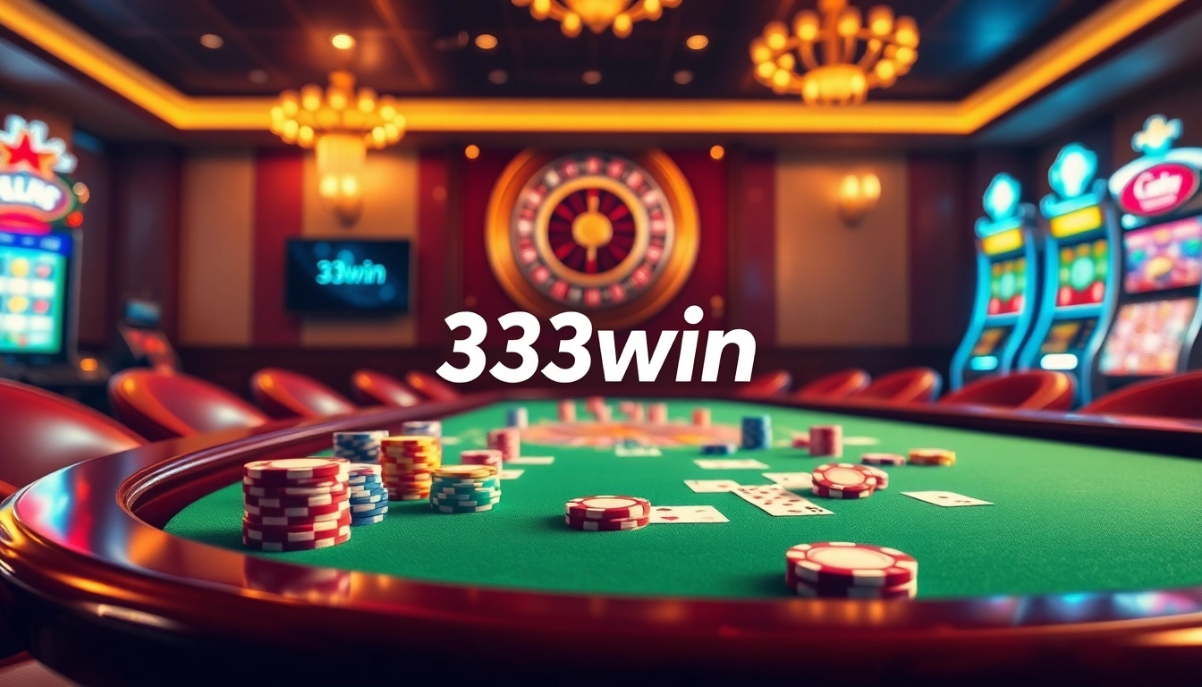 Cổng game 33win offers a thrilling casino atmosphere with poker chips and colorful cards on a gaming table.