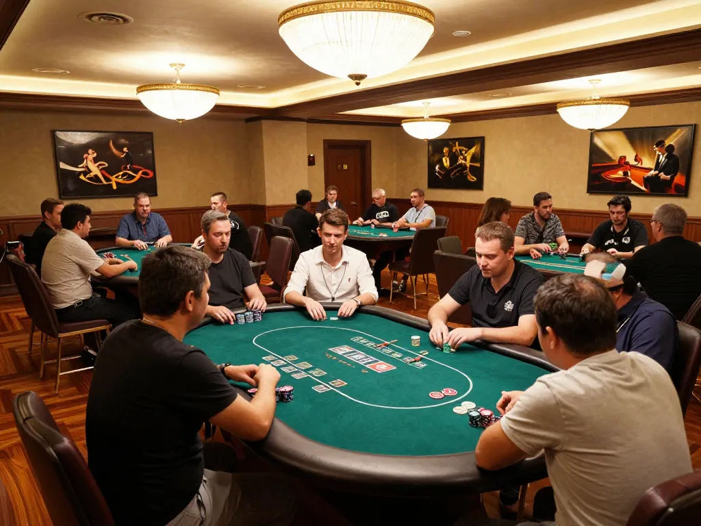 Players strategizing at a high-stakes poker table in a vibrant casino setting showcasing SC88.