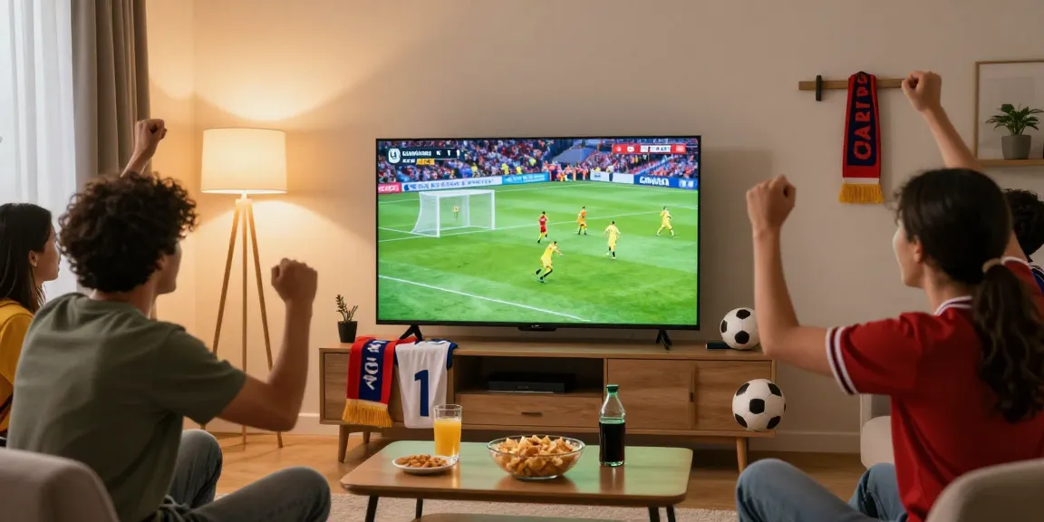 Cakhia TV live football match viewing with friends celebrating in a modern living room.