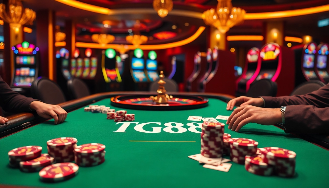 Exciting poker action at TG88 casino with vibrant chips and a professional atmosphere.