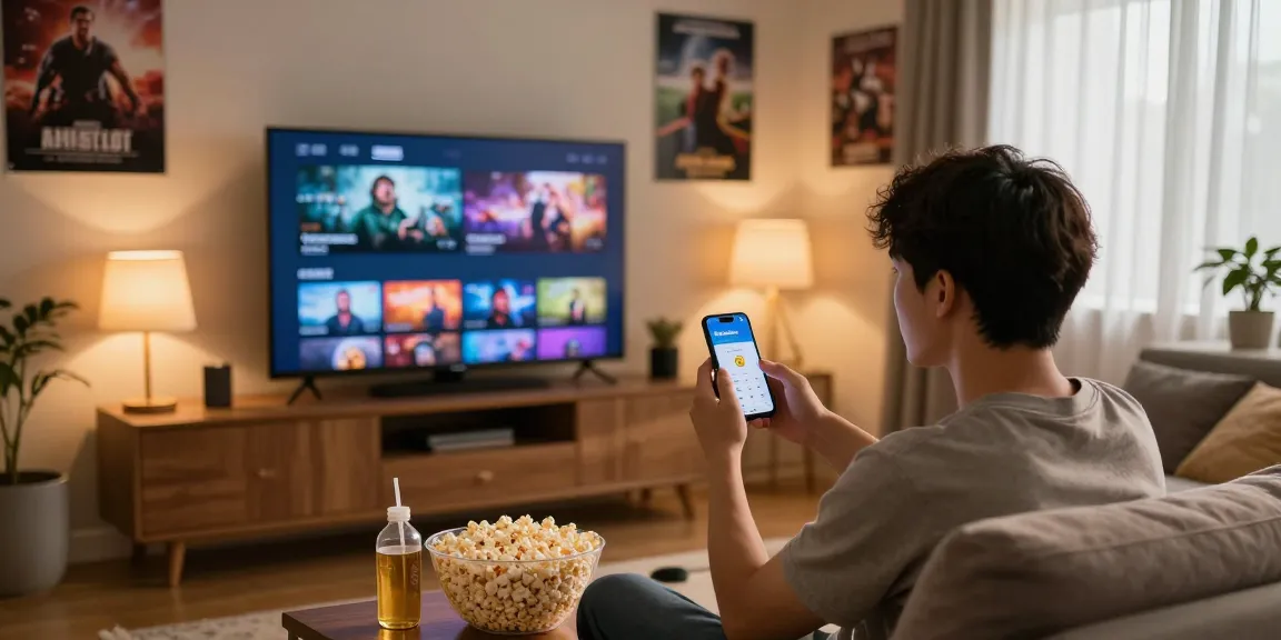 Enjoying Pikashow APK download on smartphone while streaming movies at home.