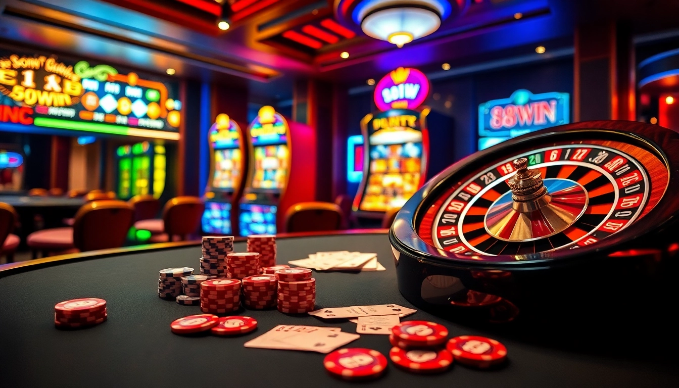 Engage with 98Win by playing at a luxurious casino featuring vibrant poker tables and roulette.