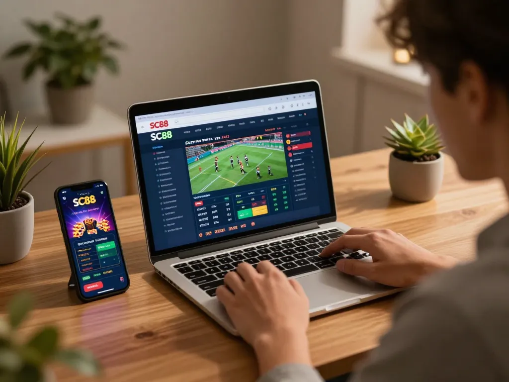 Engaging moment analyzing betting options on SC88 platform at home for strategic gameplay.