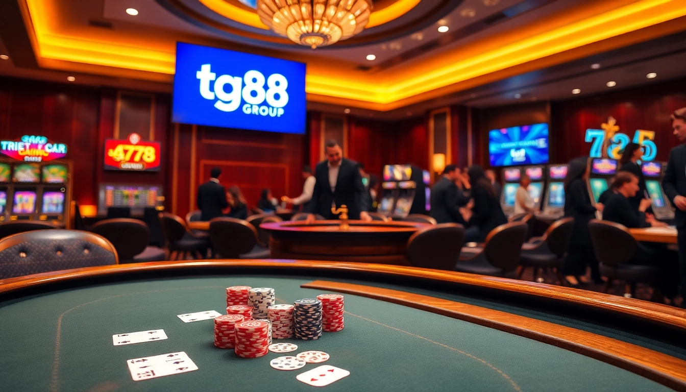 Experience thrilling gameplay with the tg88 group featuring a luxurious casino ambiance enriched by poker chips and slot machines.