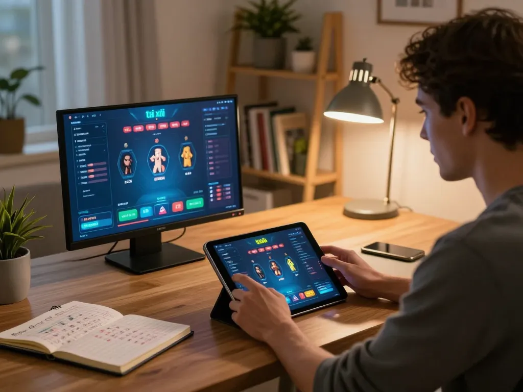 Engaging in app tài xỉu online with a tablet in a cozy home office.