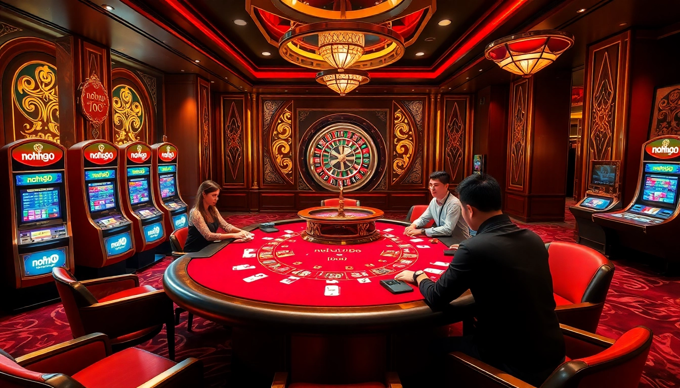 Nohu90 players strategizing at a luxurious poker table in an elegant casino setting.