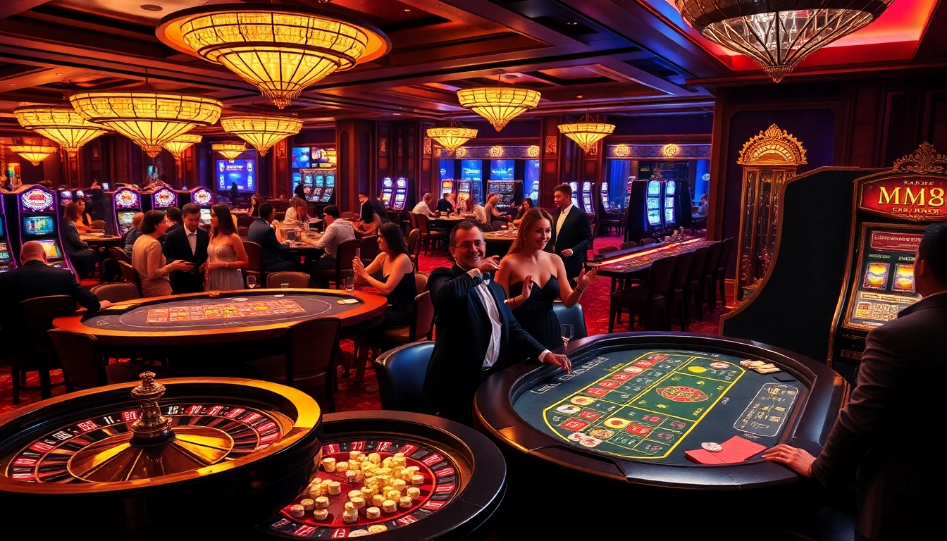 Experience the thrill of Mm88 at a luxurious casino with vibrant gaming tables and elegant players.