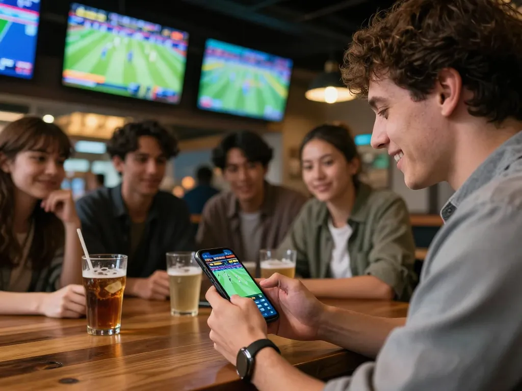 Engaging sports betting moment on a smartphone through Bsport app at a lively sports bar.