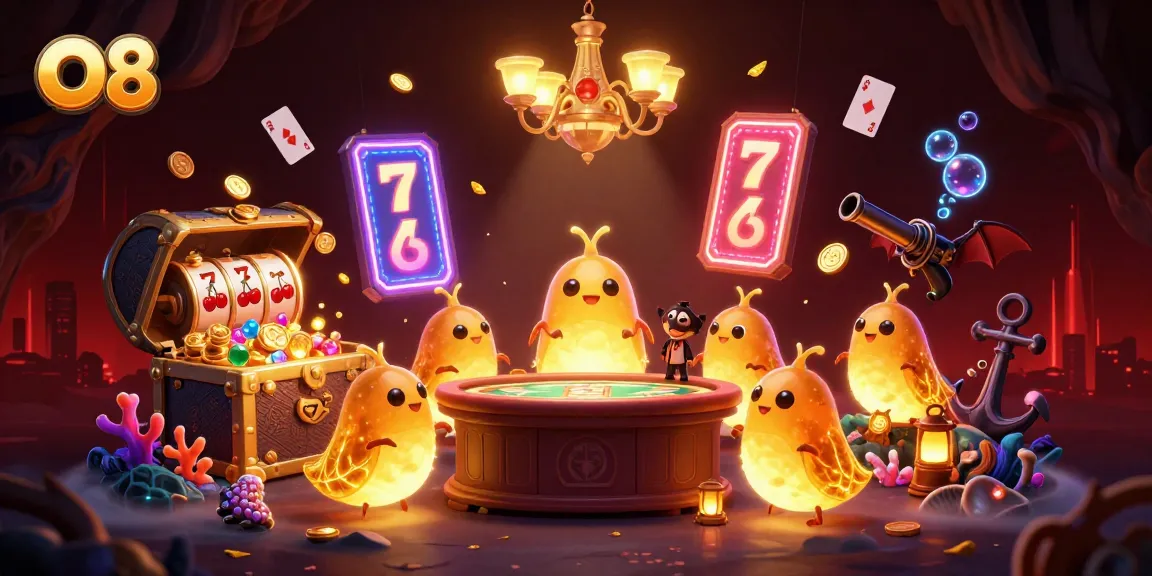 Experience O8's vibrant casino with glowworms lighting up slot reels and treasure in a dynamic, captivating illustration.