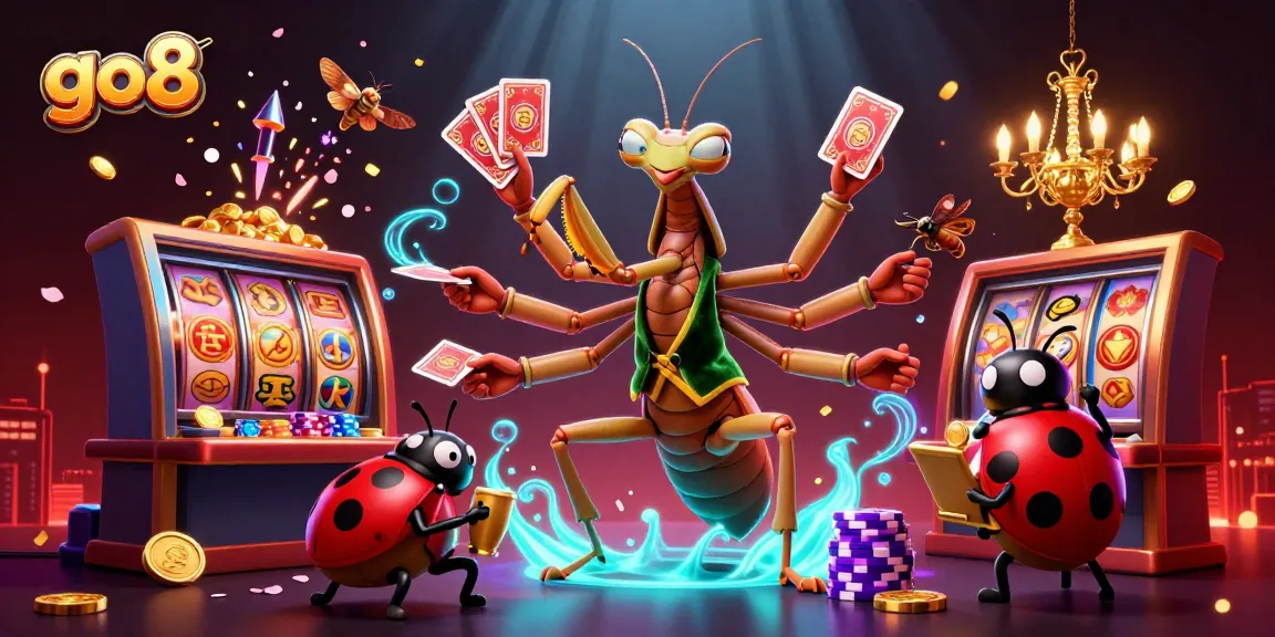 Join the excitement at go8 as a giant mantis dealer showcases thrilling slots with shimmering coins and fireworks.
