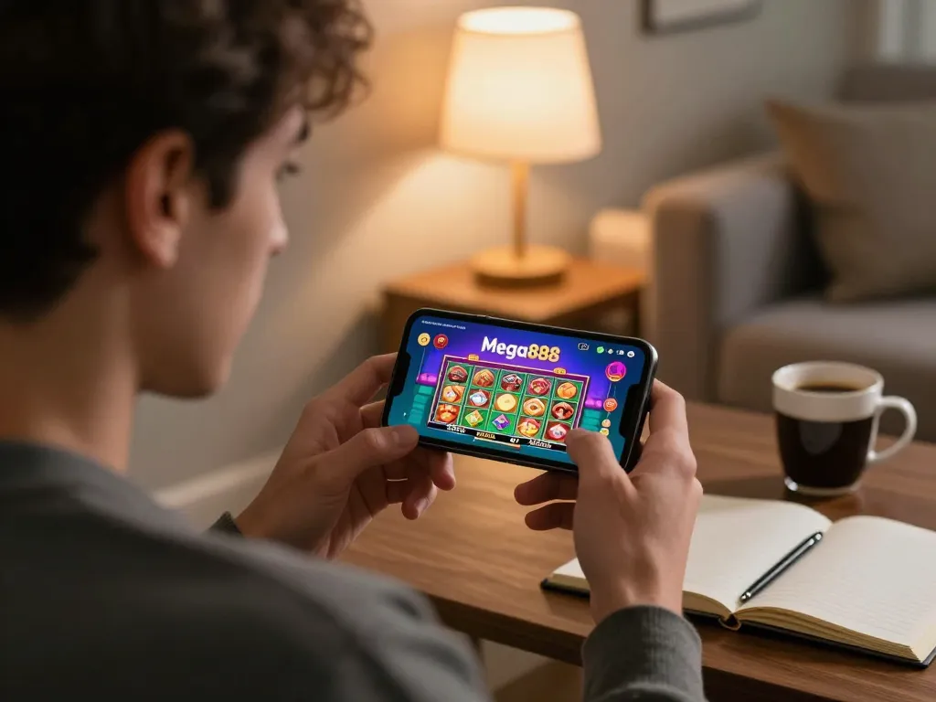 Experience thrilling gameplay as you download Mega888 APK for Android in a cozy home setting.