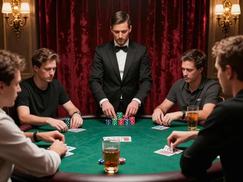 Players engage in intense poker gameplay at NK88 casino table, showing skillful strategies and vibrant atmosphere.