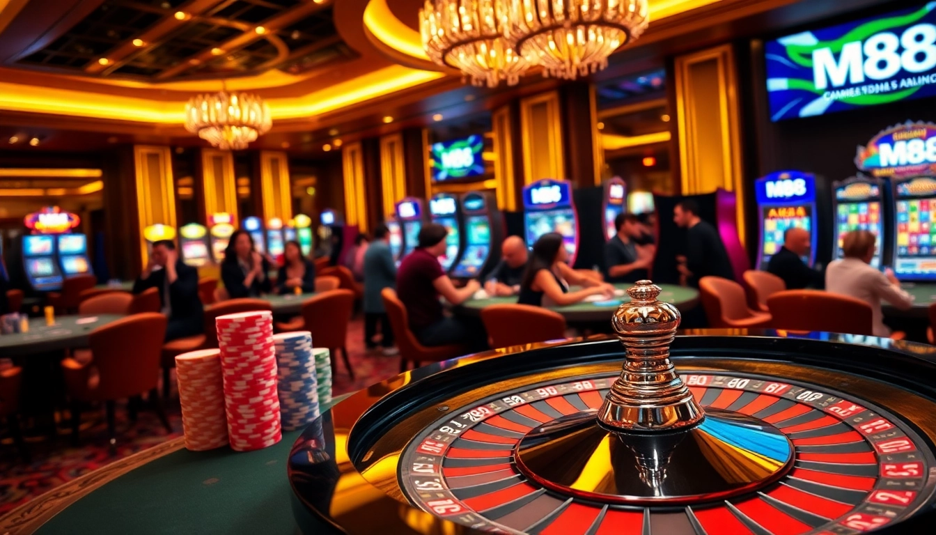 M88 players enjoying high-stakes gaming at a vibrant roulette table in a luxurious casino.